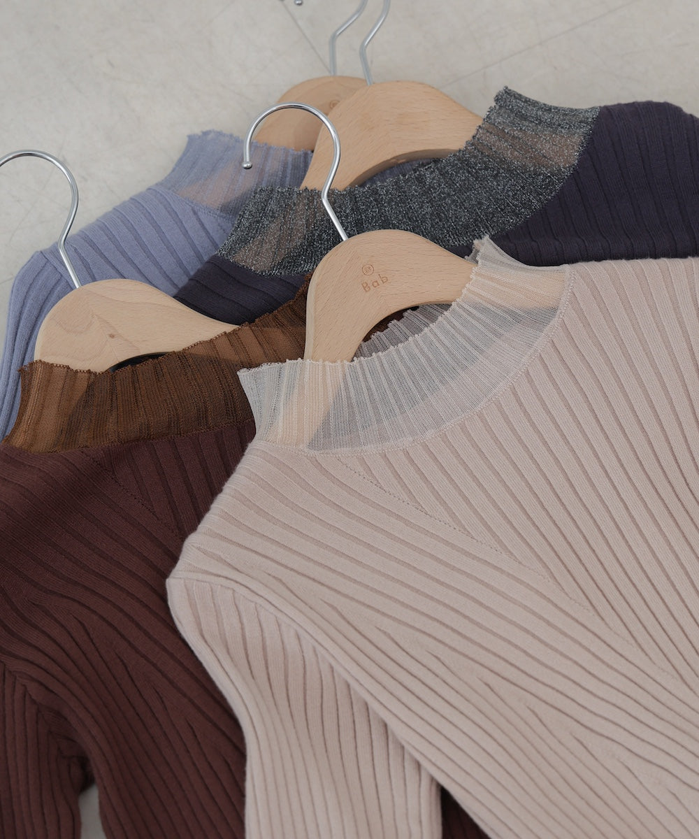 【選べるネック】シアー使いリブニットトップス