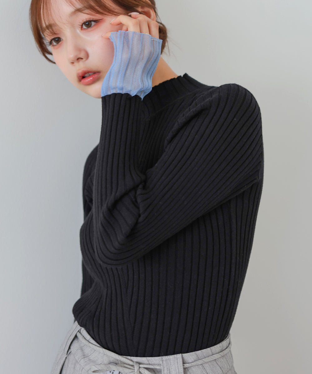 【選べるネック】シアー使いリブニットトップス