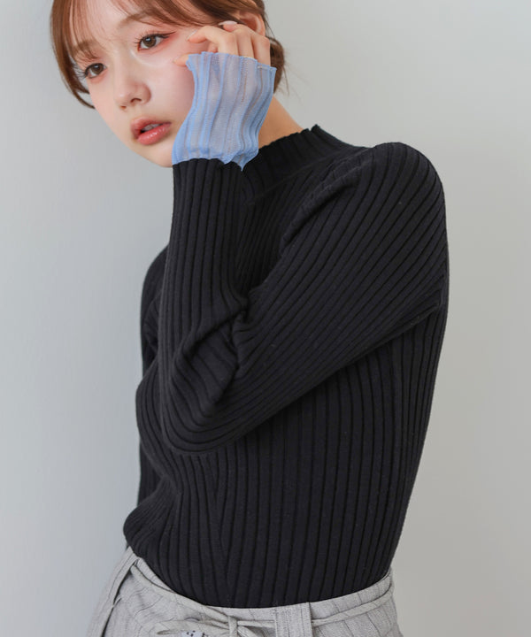 【選べるネック】シアー使いリブニットトップス