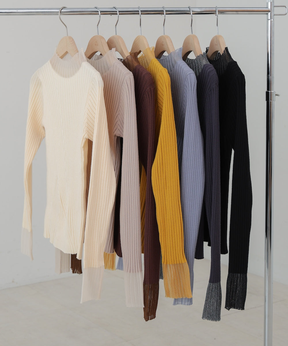 【選べるネック】シアー使いリブニットトップス