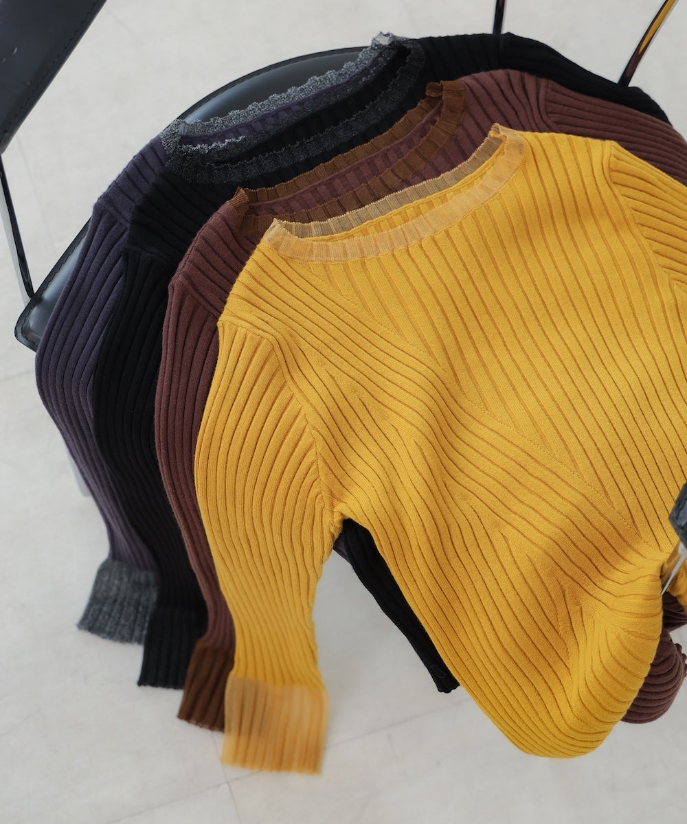 【選べるネック】シアー使いリブニットトップス