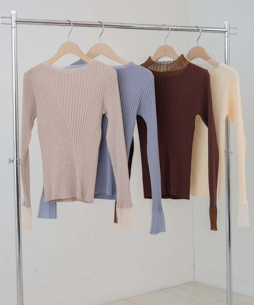 【選べるネック】シアー使いリブニットトップス