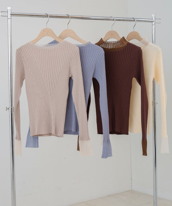 【選べるネック】シアー使いリブニットトップス