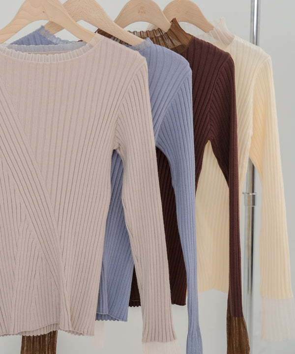 【選べるネック】シアー使いリブニットトップス