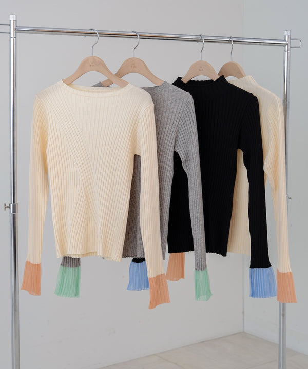 【選べるネック】シアー使いリブニットトップス