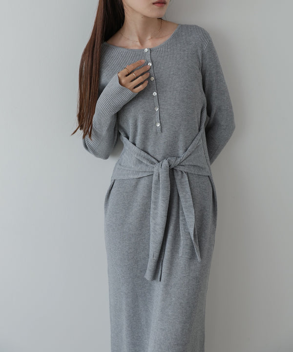 レイヤード風ウエスト結びリブニットワンピース