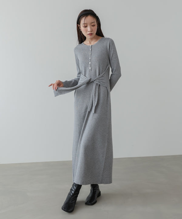 レイヤード風ウエスト結びリブニットワンピース