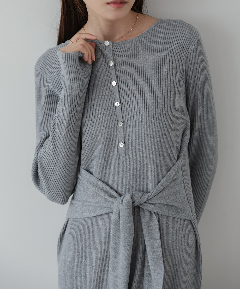 レイヤード風ウエスト結びリブニットワンピース