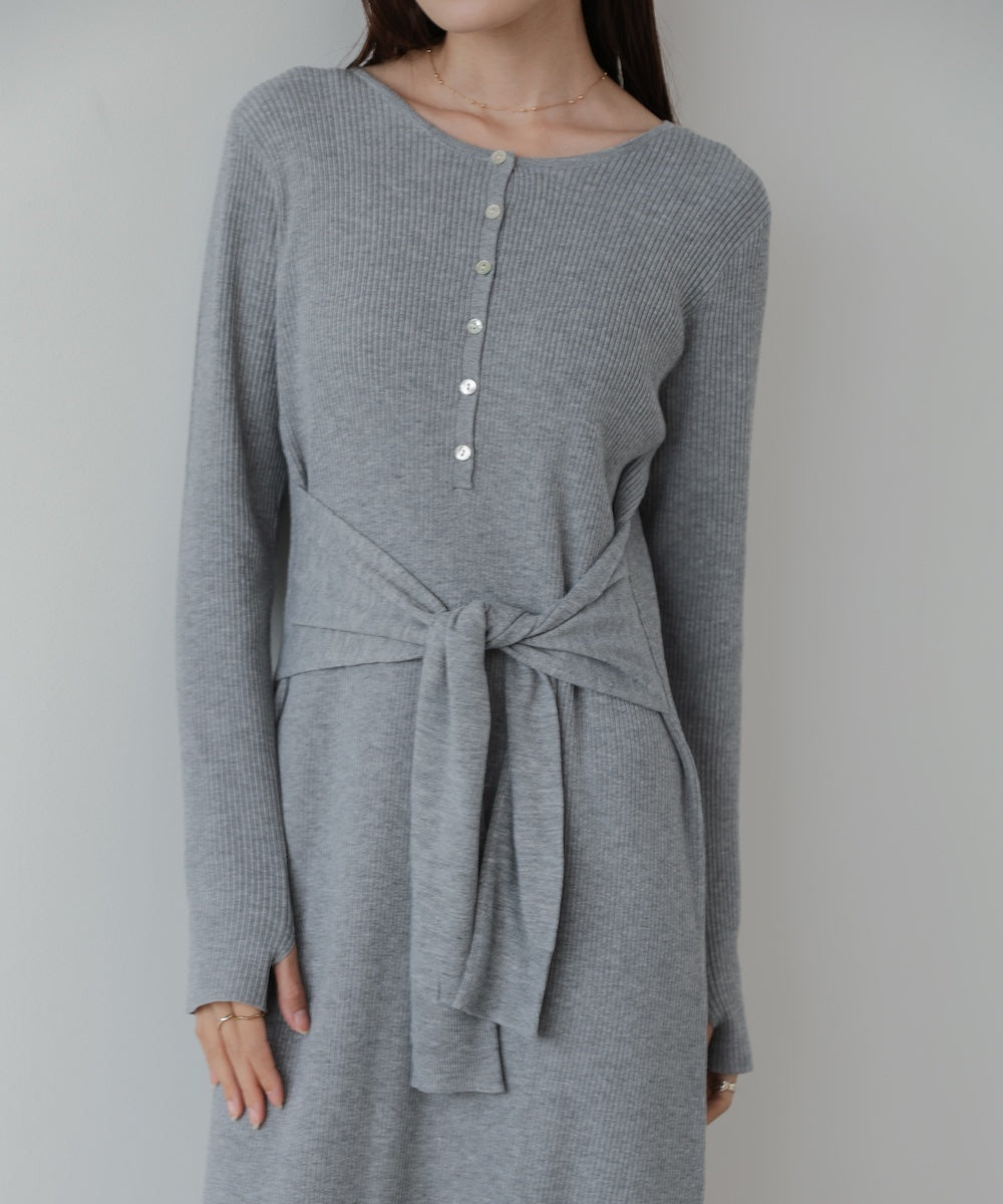 レイヤード風ウエスト結びリブニットワンピース