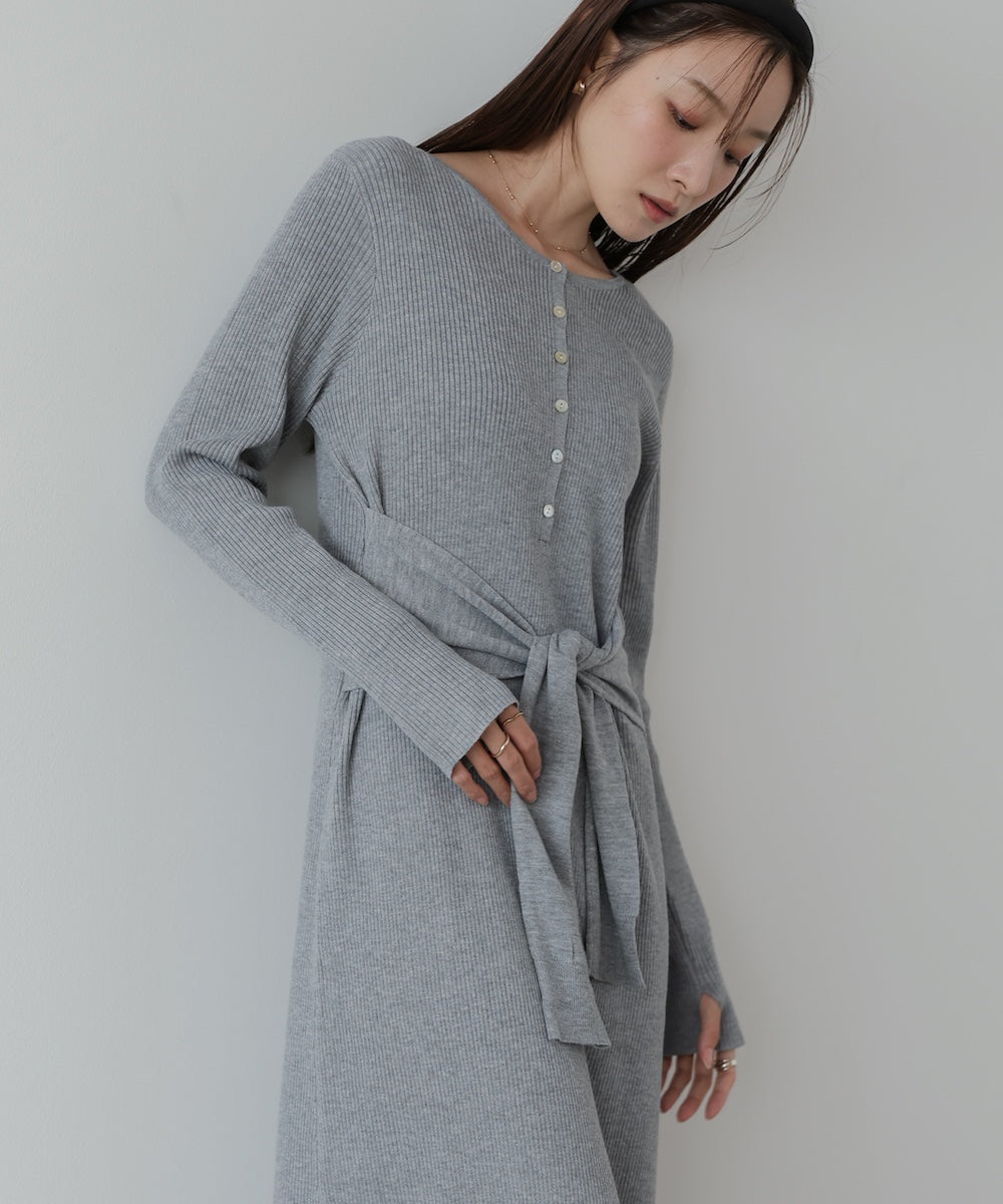 レイヤード風ウエスト結びリブニットワンピース