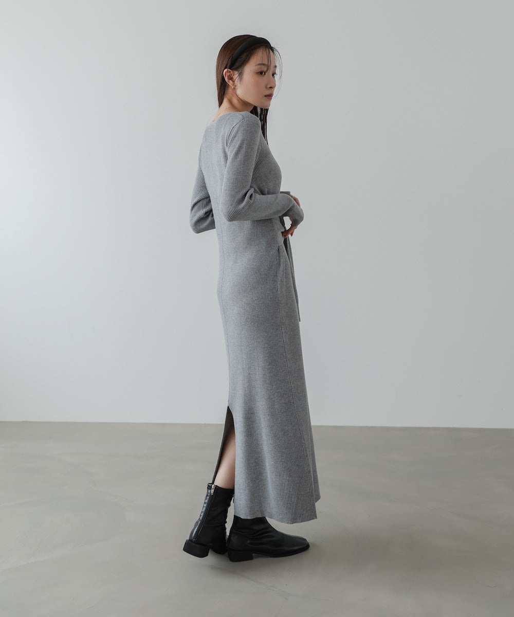 レイヤード風ウエスト結びリブニットワンピース