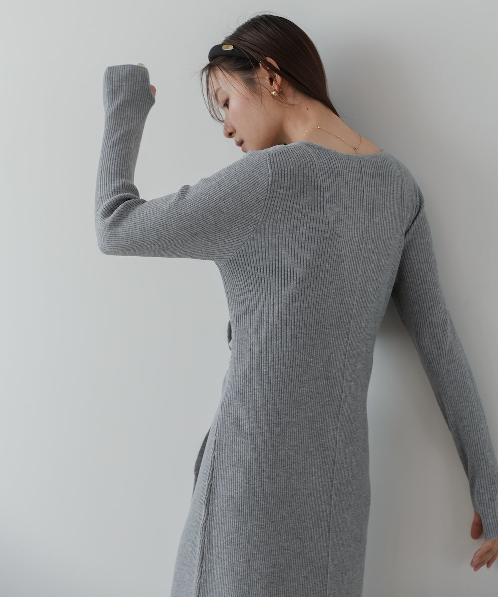 レイヤード風ウエスト結びリブニットワンピース