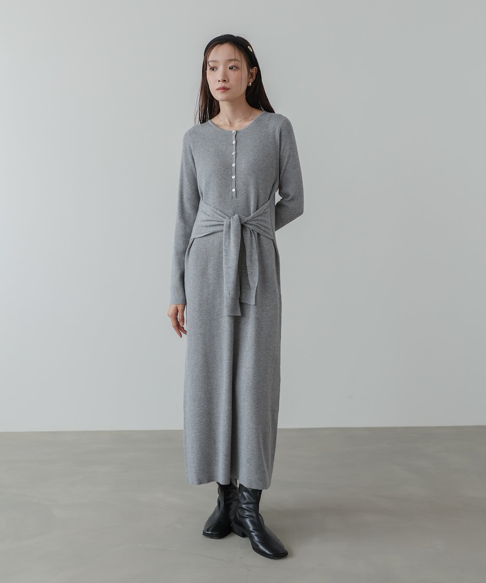 レイヤード風ウエスト結びリブニットワンピース