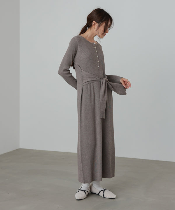 レイヤード風ウエスト結びリブニットワンピース