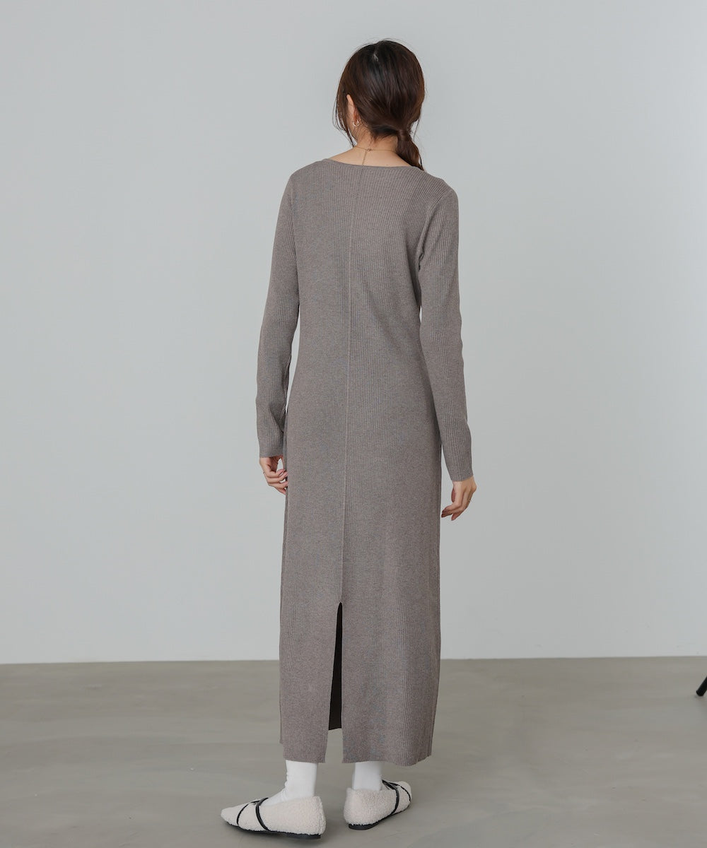 レイヤード風ウエスト結びリブニットワンピース