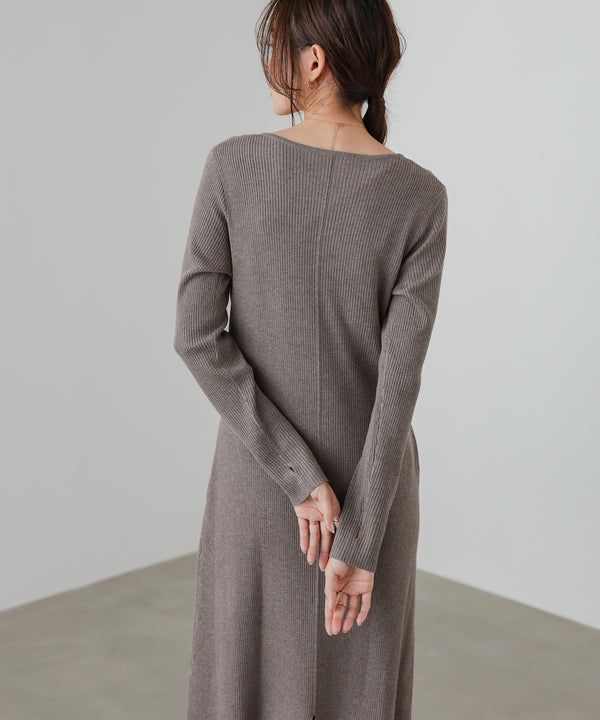レイヤード風ウエスト結びリブニットワンピース