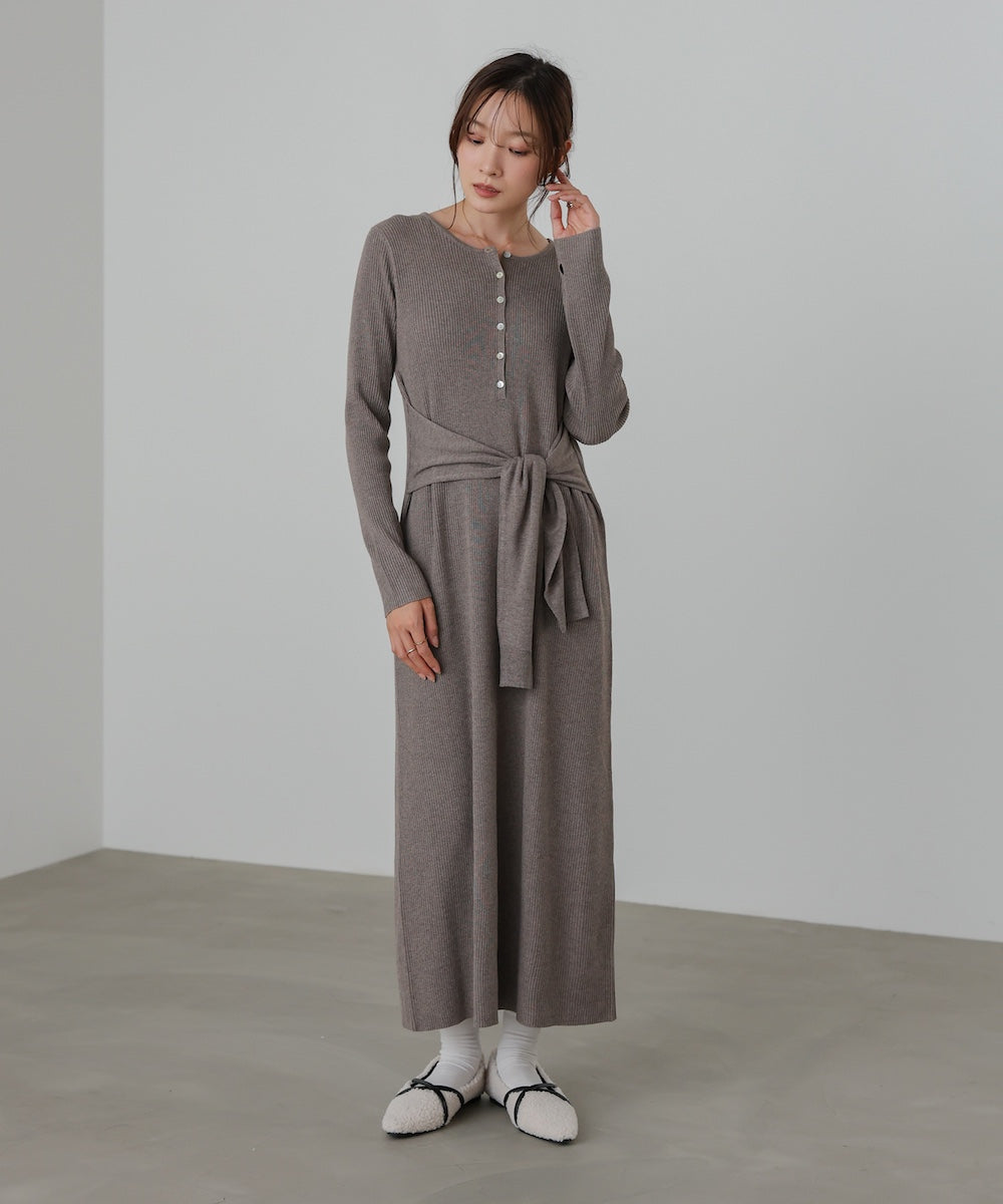 レイヤード風ウエスト結びリブニットワンピース