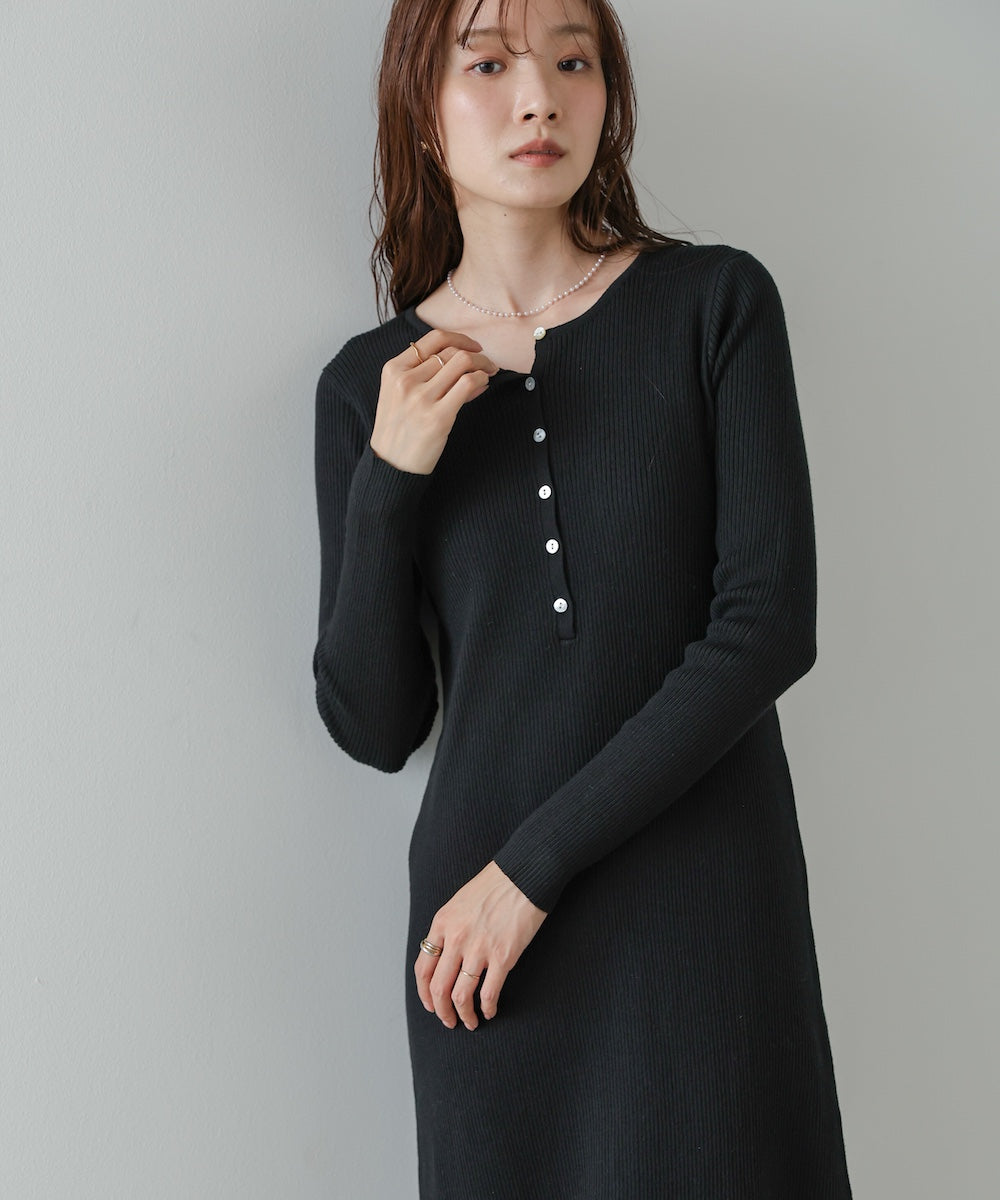 レイヤード風ウエスト結びリブニットワンピース