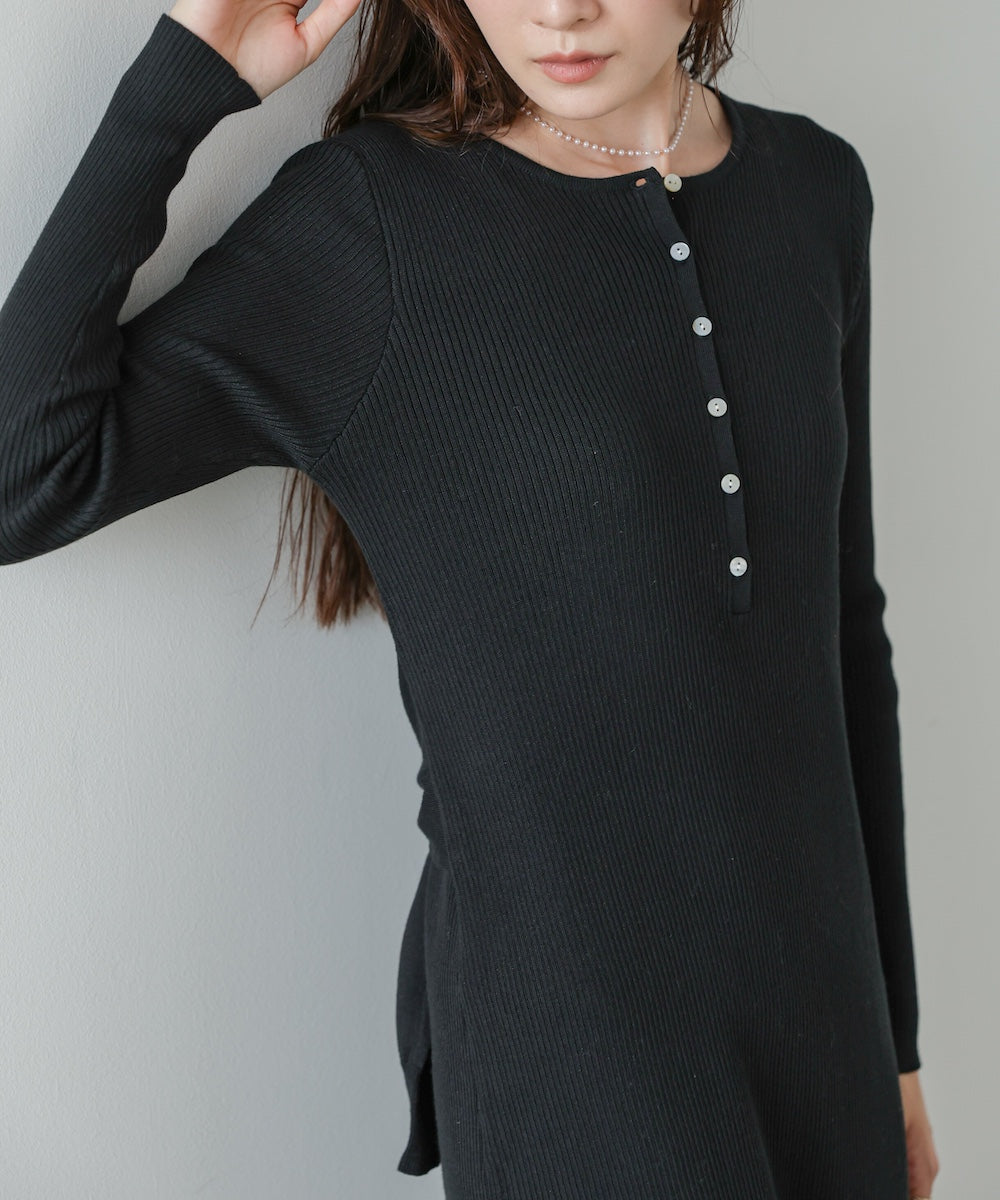 レイヤード風ウエスト結びリブニットワンピース
