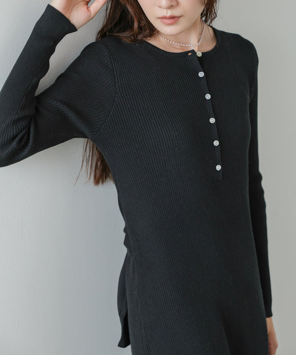 レイヤード風ウエスト結びリブニットワンピース