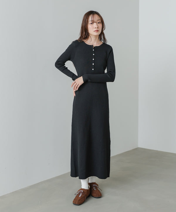 レイヤード風ウエスト結びリブニットワンピース