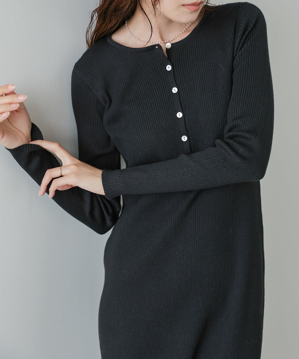 レイヤード風ウエスト結びリブニットワンピース