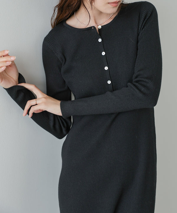 レイヤード風ウエスト結びリブニットワンピース