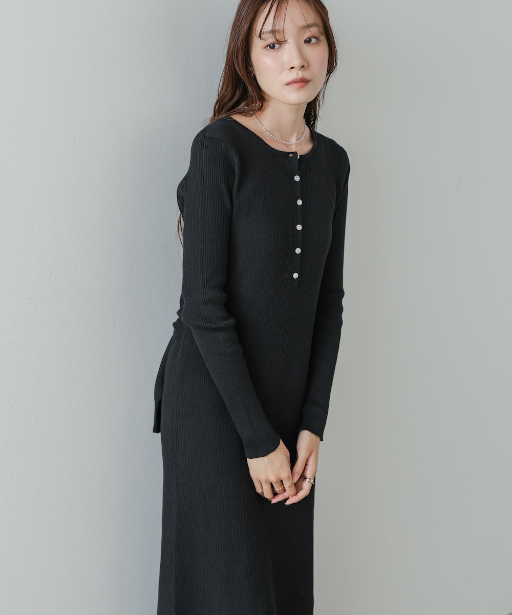 レイヤード風ウエスト結びリブニットワンピース