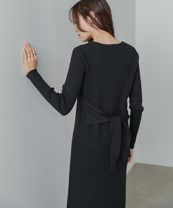 レイヤード風ウエスト結びリブニットワンピース