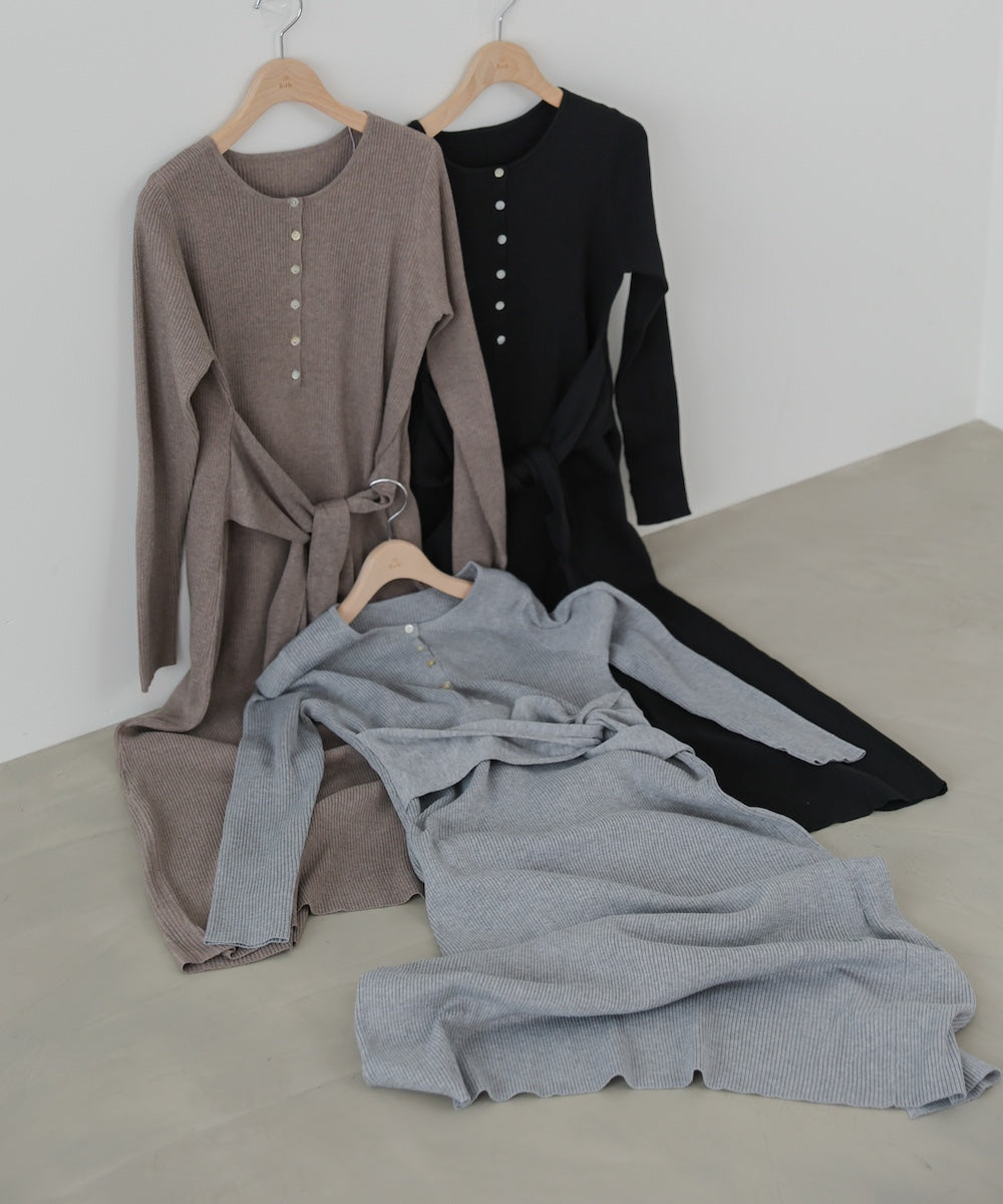 レイヤード風ウエスト結びリブニットワンピース