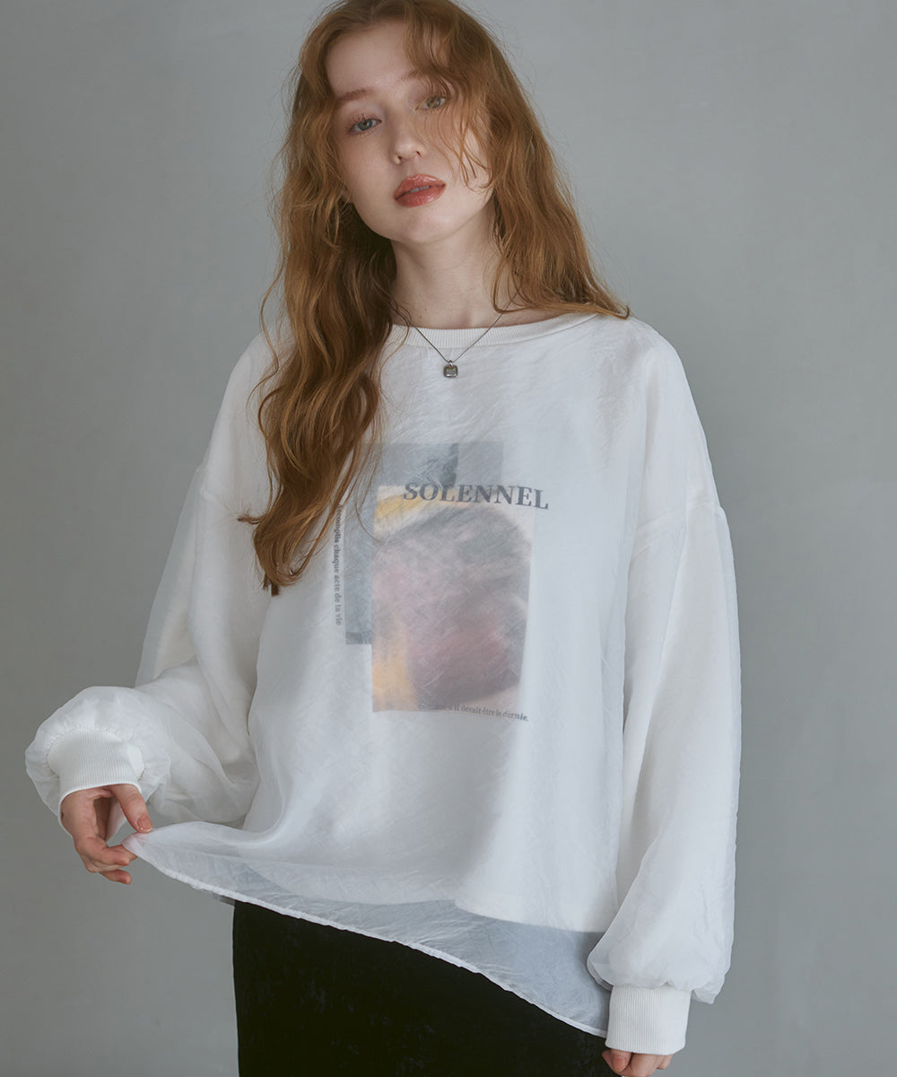 シアーレイヤードプリントスウェットトップス