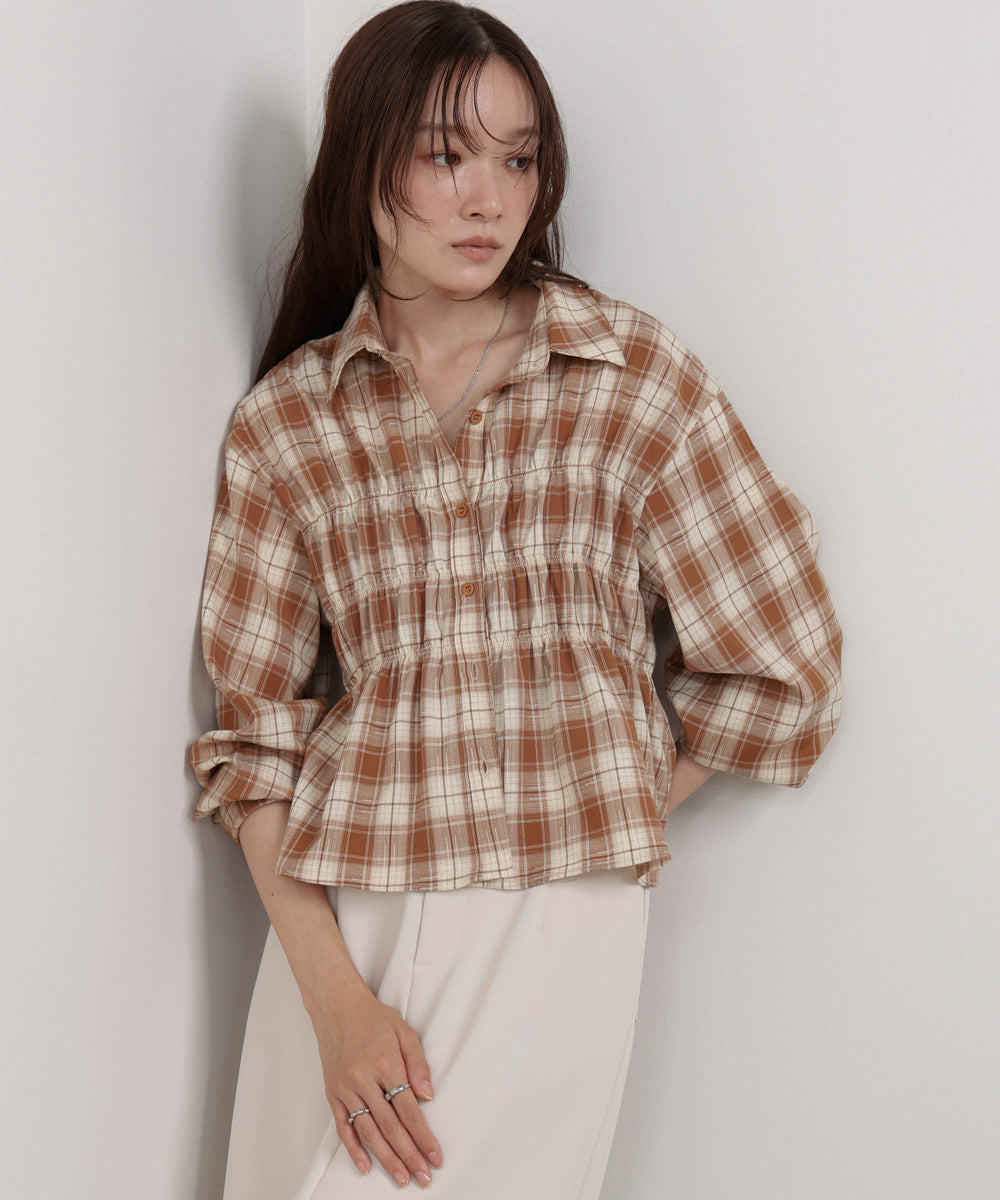 シャーリングビスチェ風デザインチェックシャツ