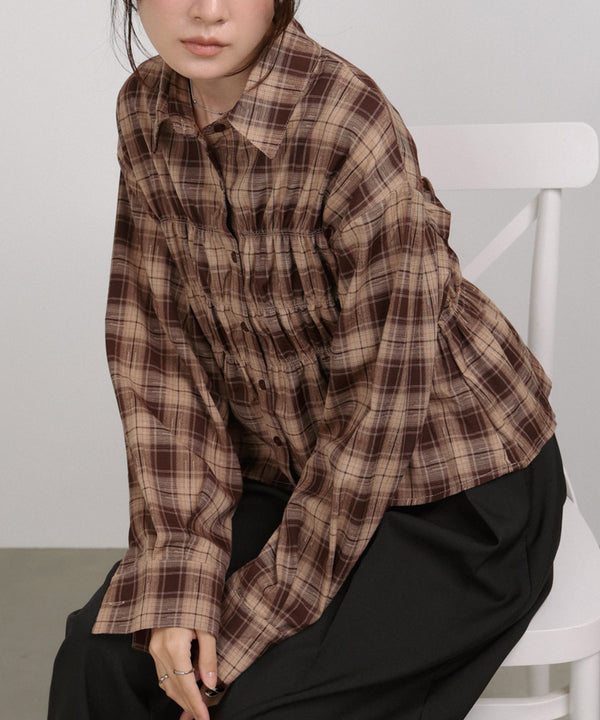 シャーリングビスチェ風デザインチェックシャツ