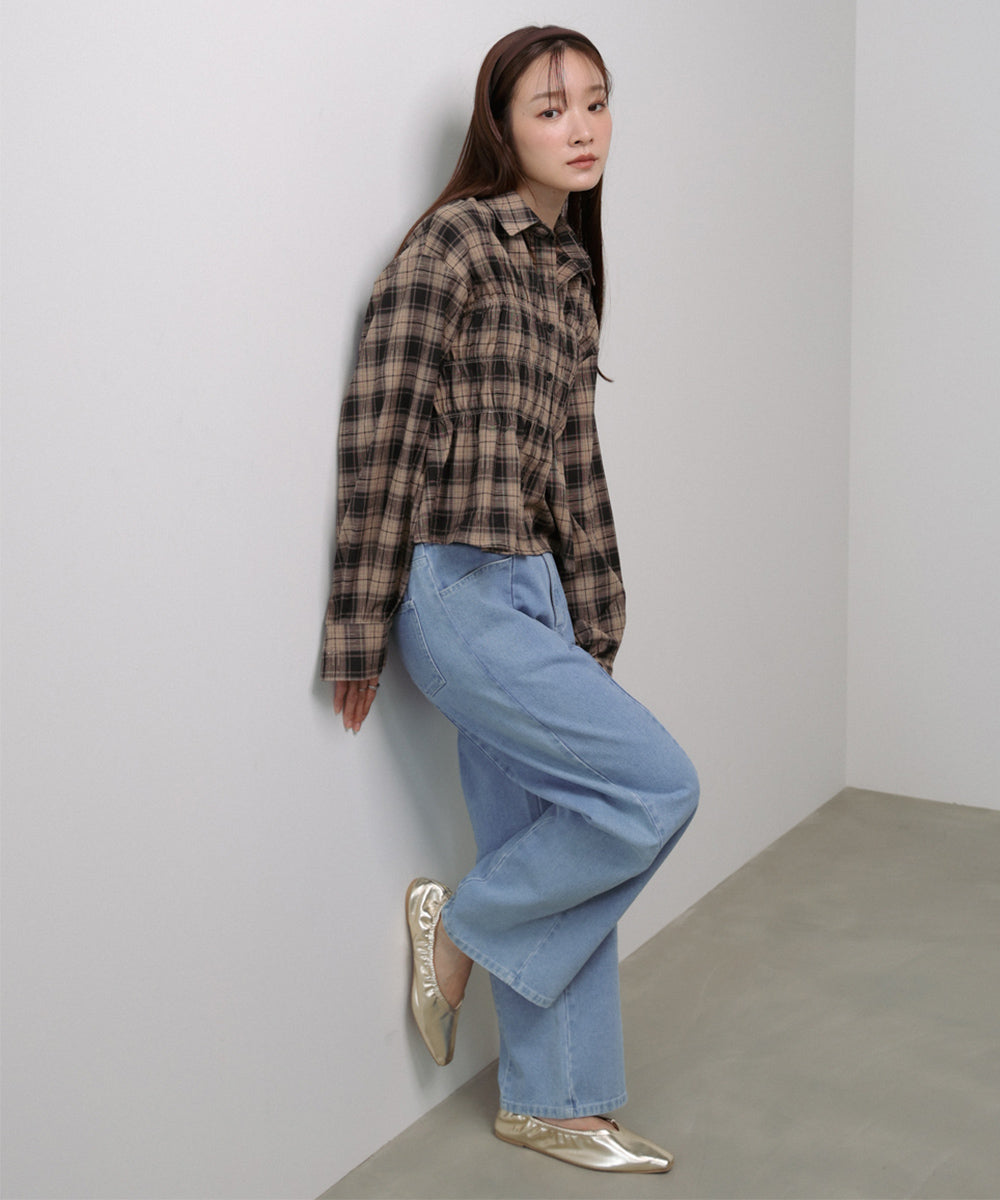 シャーリングビスチェ風デザインチェックシャツ