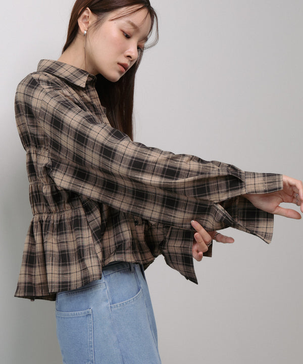 シャーリングビスチェ風デザインチェックシャツ