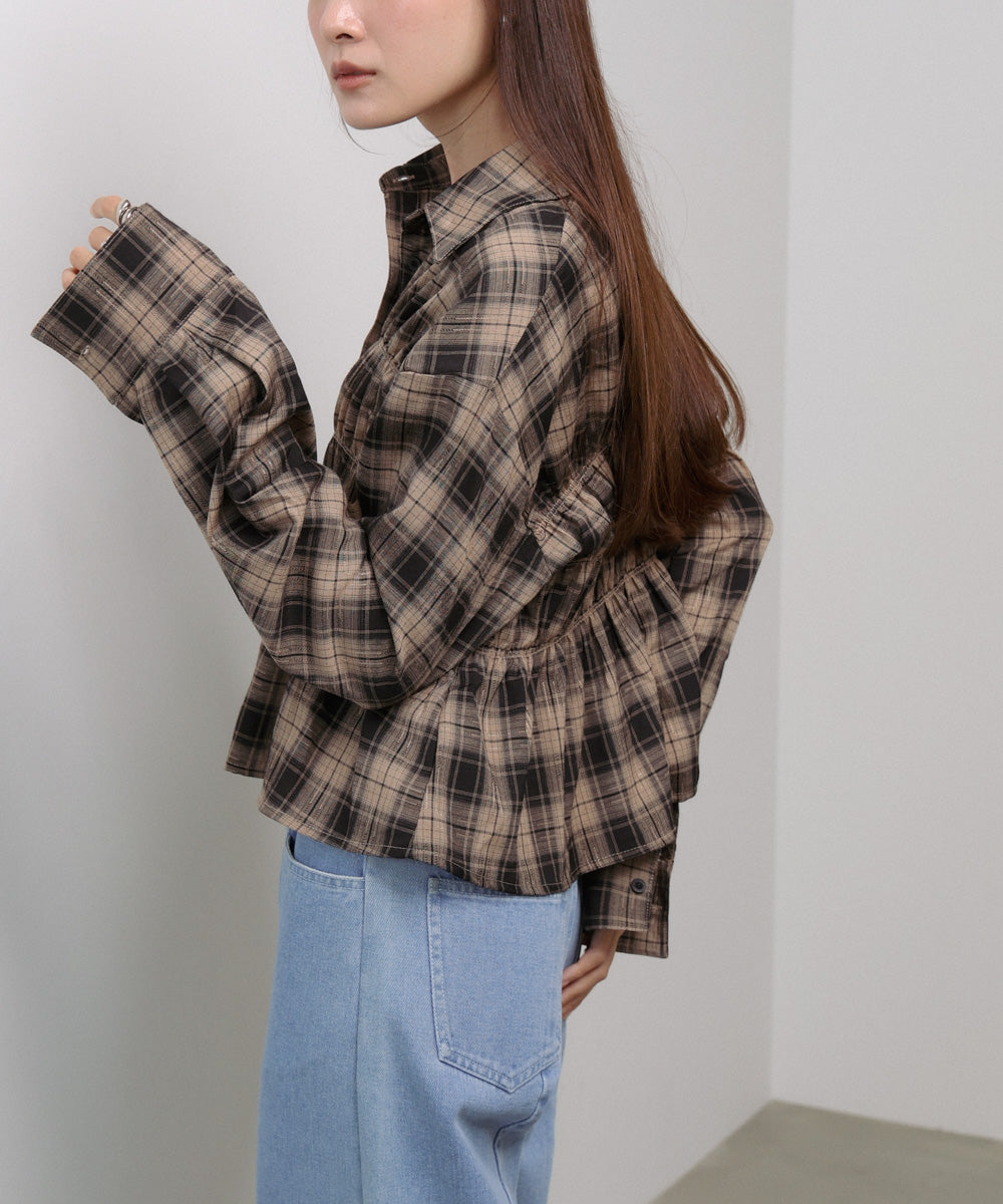 シャーリングビスチェ風デザインチェックシャツ