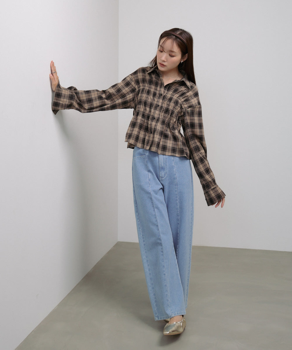 シャーリングビスチェ風デザインチェックシャツ