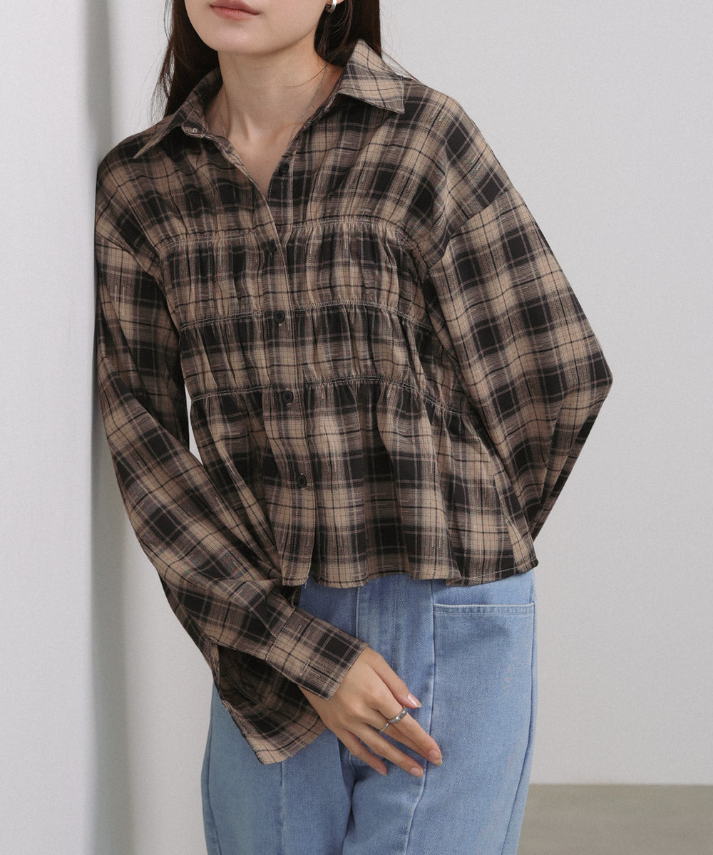 シャーリングビスチェ風デザインチェックシャツ