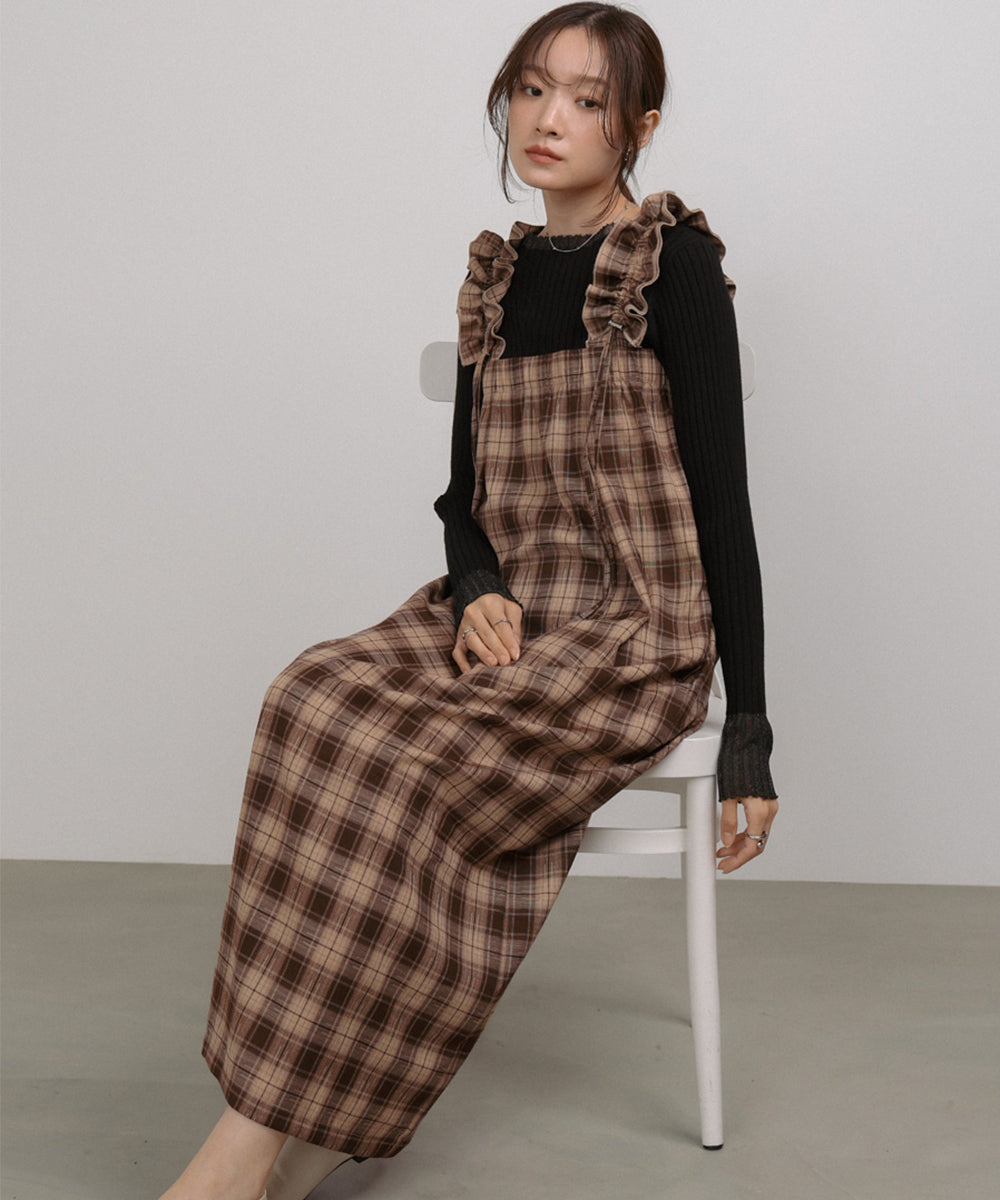チェックギャザージャンパーワンピース