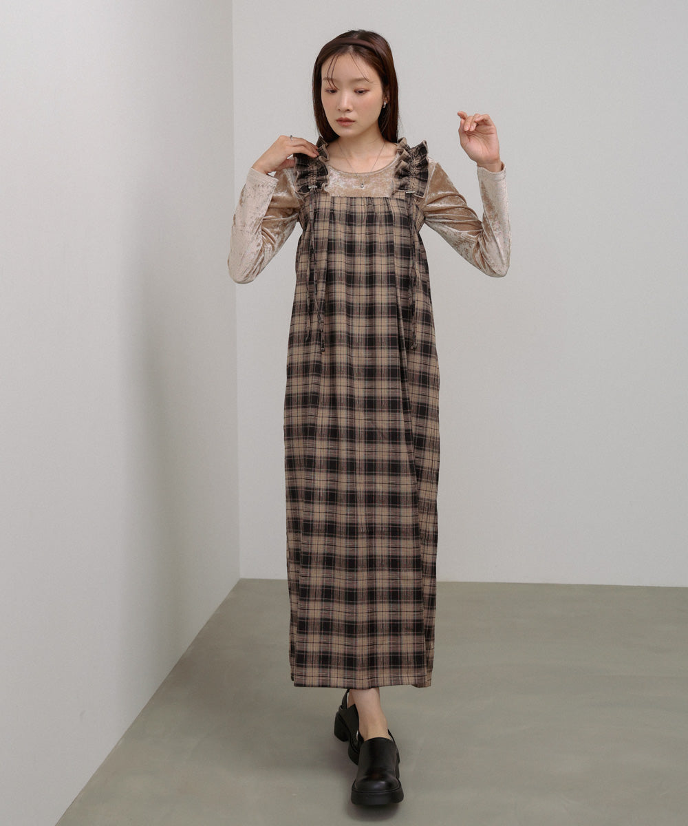 チェックギャザージャンパーワンピース