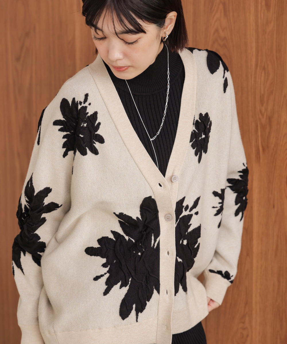 新色追加】フラワージャガードドルマンニットカーディガン［BLACK/GRAY