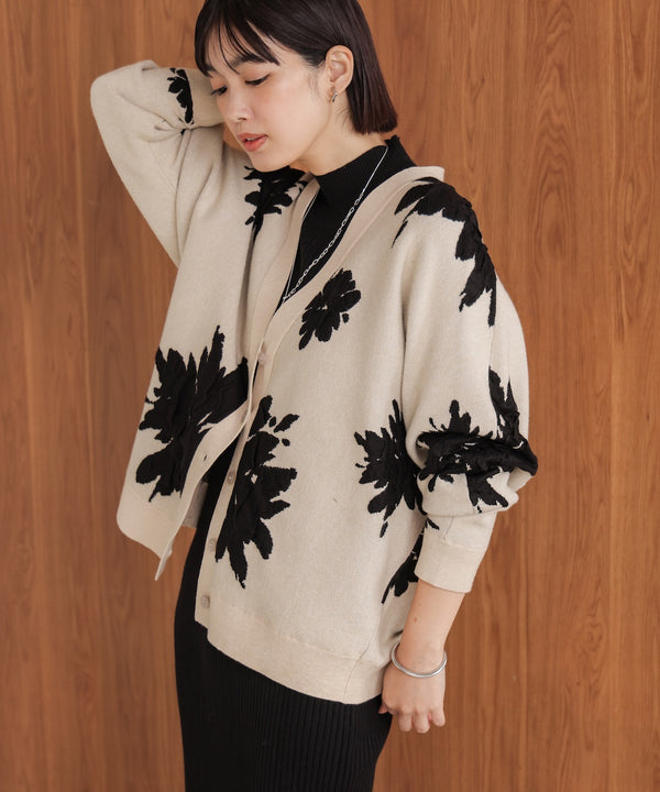 【新色追加】フラワージャガードドルマンニットカーディガン［BLACK/GRAY/ECRUは12/26発送予定］