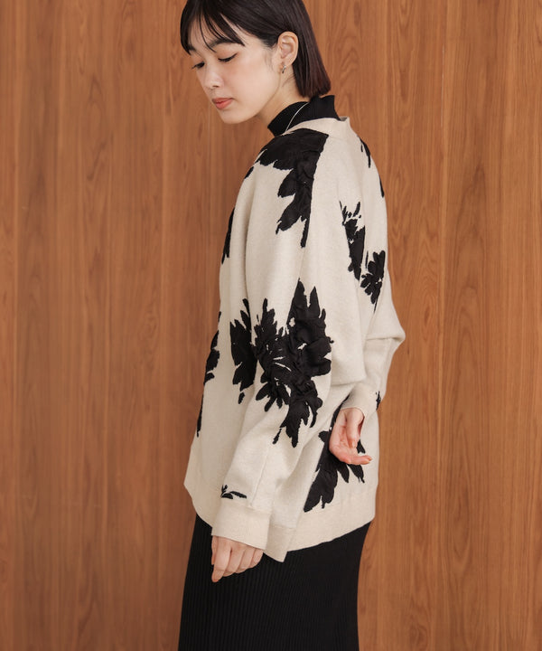 【新色追加】フラワージャガードドルマンニットカーディガン［BLACK/GRAY/ECRUは12/26発送予定］