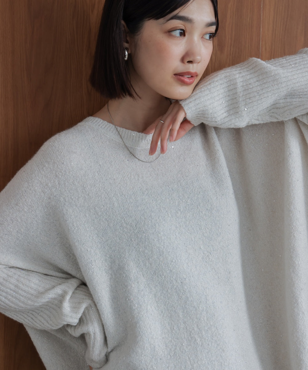 極美品 23SS◎ブルネロクチネリ ニット スパンコール リネン 白 XL位 スパンコールドルマンニットリブ