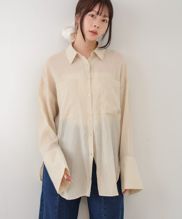 ワイドカフスワンポイント刺繍シアーシャツ