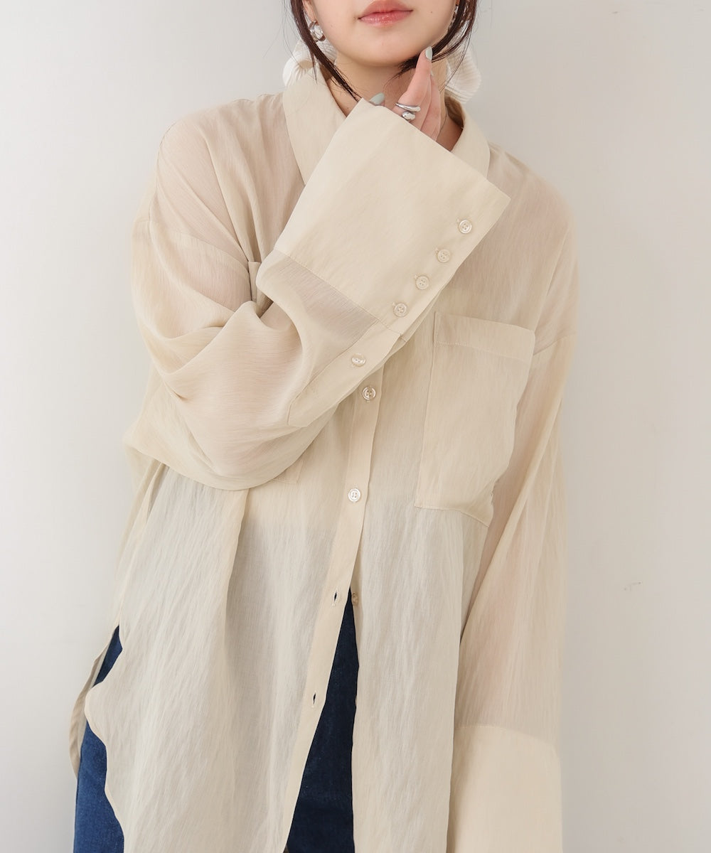 ワイドカフスワンポイント刺繍シアーシャツ