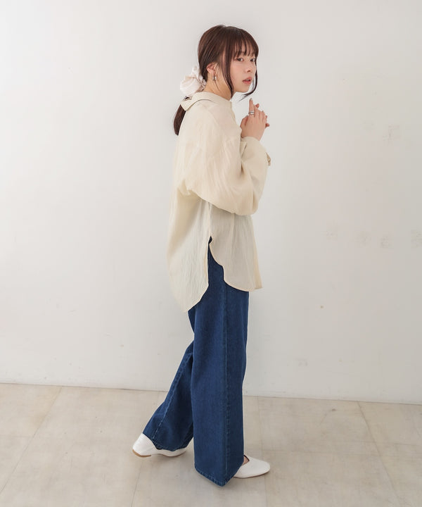 ワイドカフスワンポイント刺繍シアーシャツ