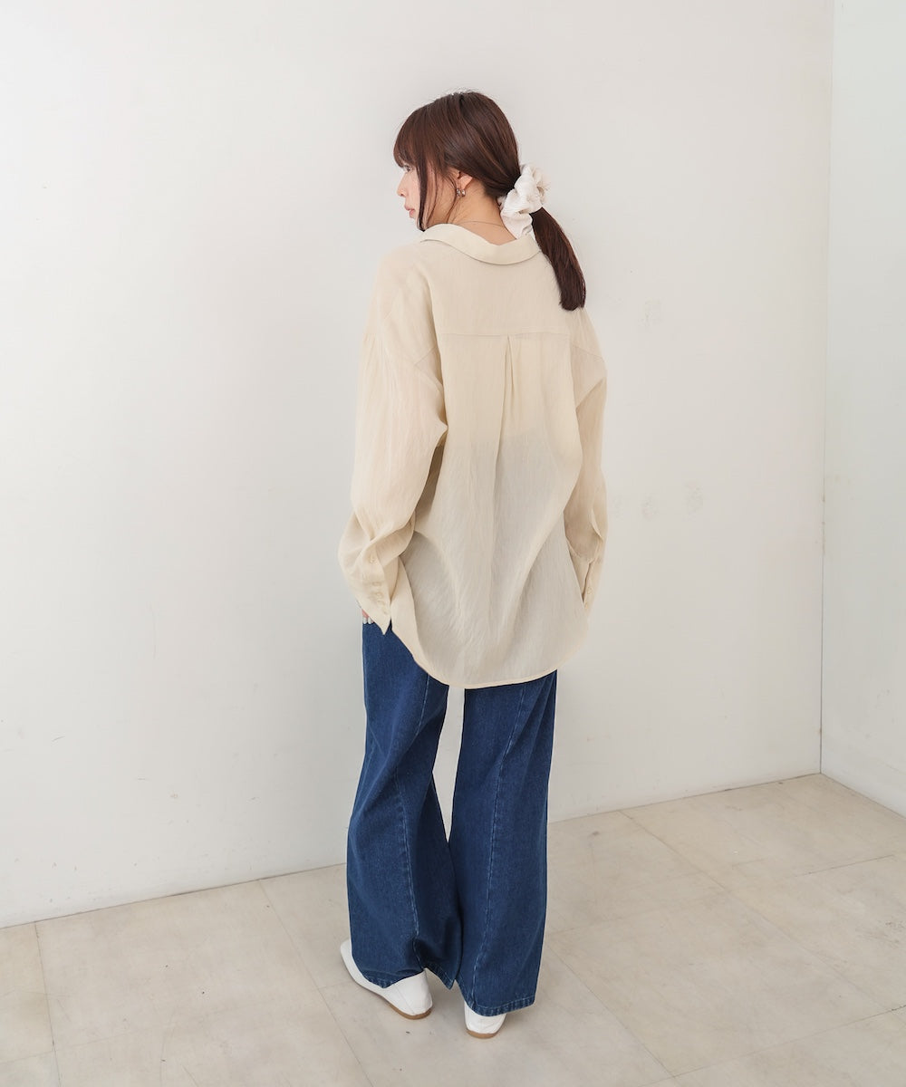 ワイドカフスワンポイント刺繍シアーシャツ