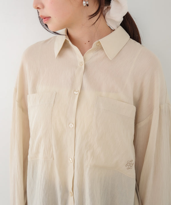 ワイドカフスワンポイント刺繍シアーシャツ