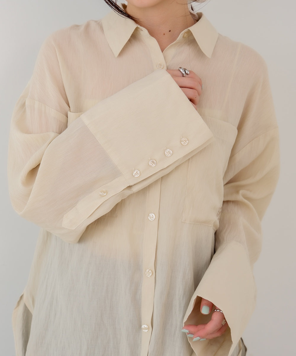 ワイドカフスワンポイント刺繍シアーシャツ